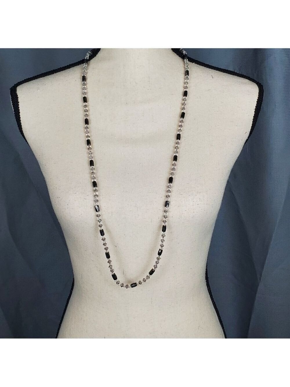 Necklace, open ended strand, gray, clear, silver beads, 19 inches